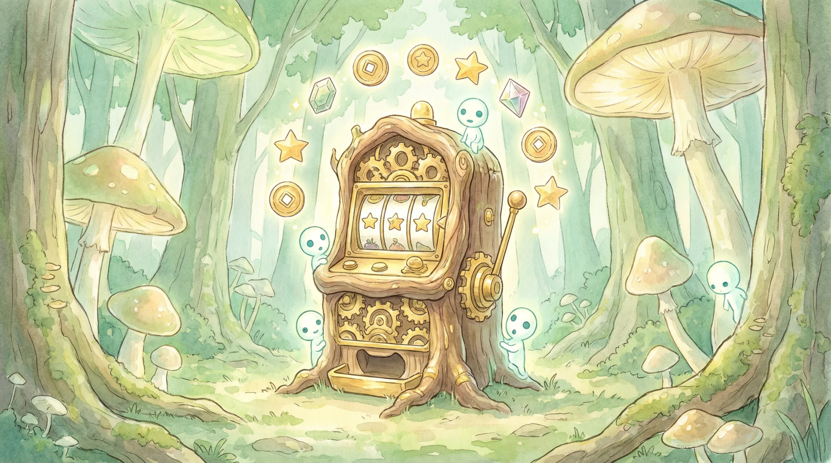 Caça-níqueis mágico em floresta encantada com espíritos da natureza e moedas douradas